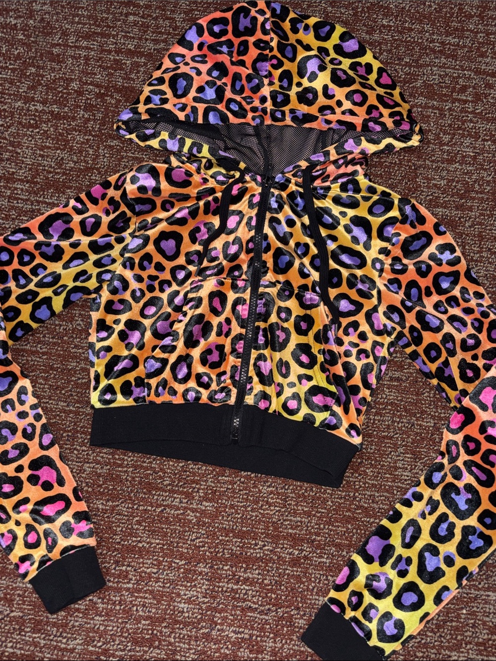 Club Exx leopard print velour multicolored cropped zip up hoodie mesh lined Xs
